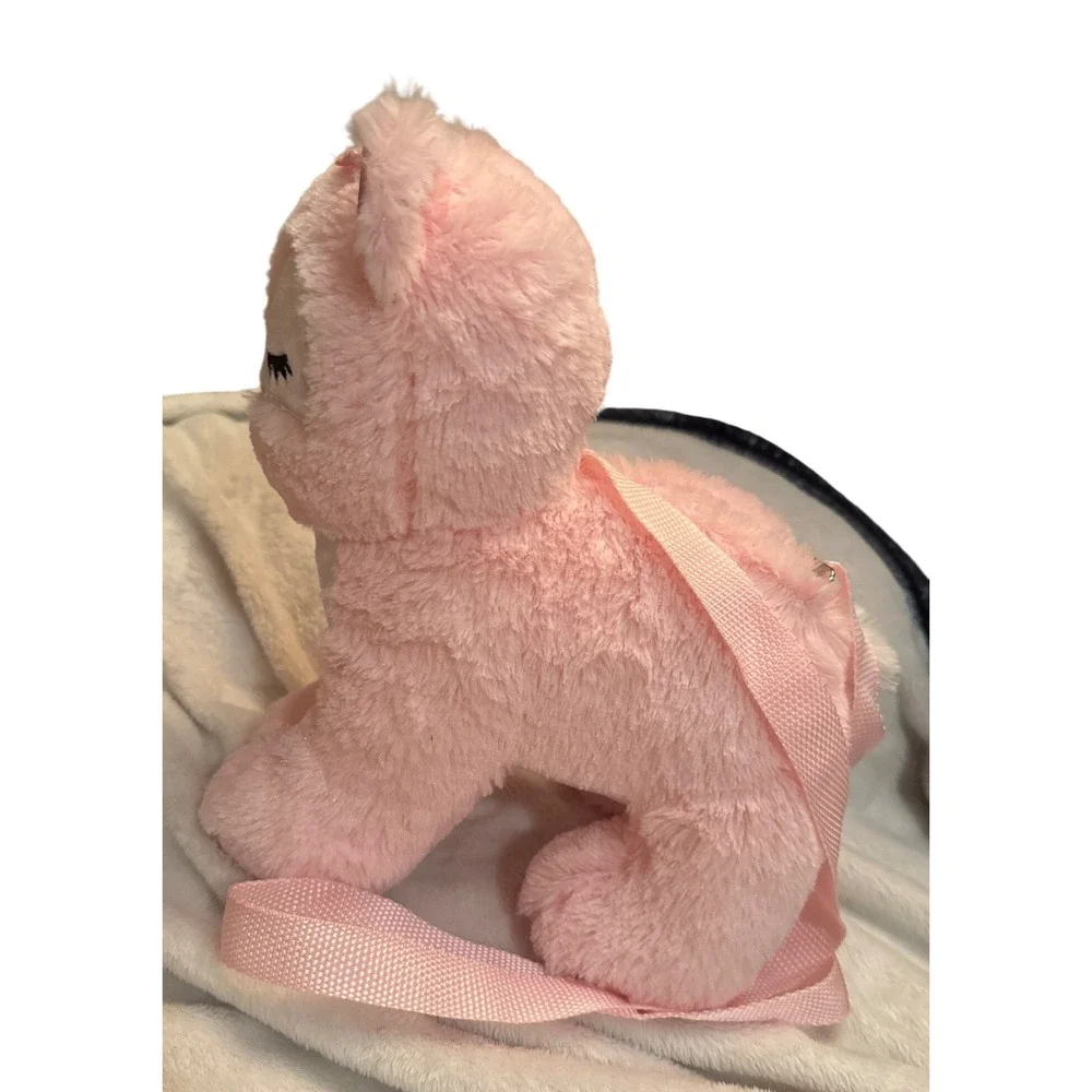 Pink Plush Fox Kitten Kids Faux Fur Crossbody Purse Embroidered Eyes 9 Inch